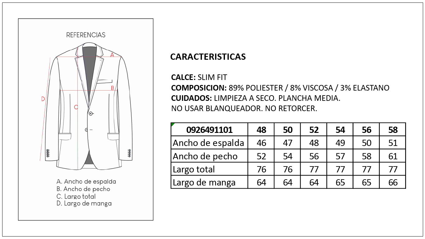 Tabla de Talles Saco Pr&iacute;ncipe de Gales Hombre Britches
